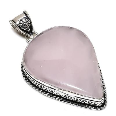 Natural Rose Quartz Gemstone Handmade 925 Sterling Silver Pendant 2.56" a4W07