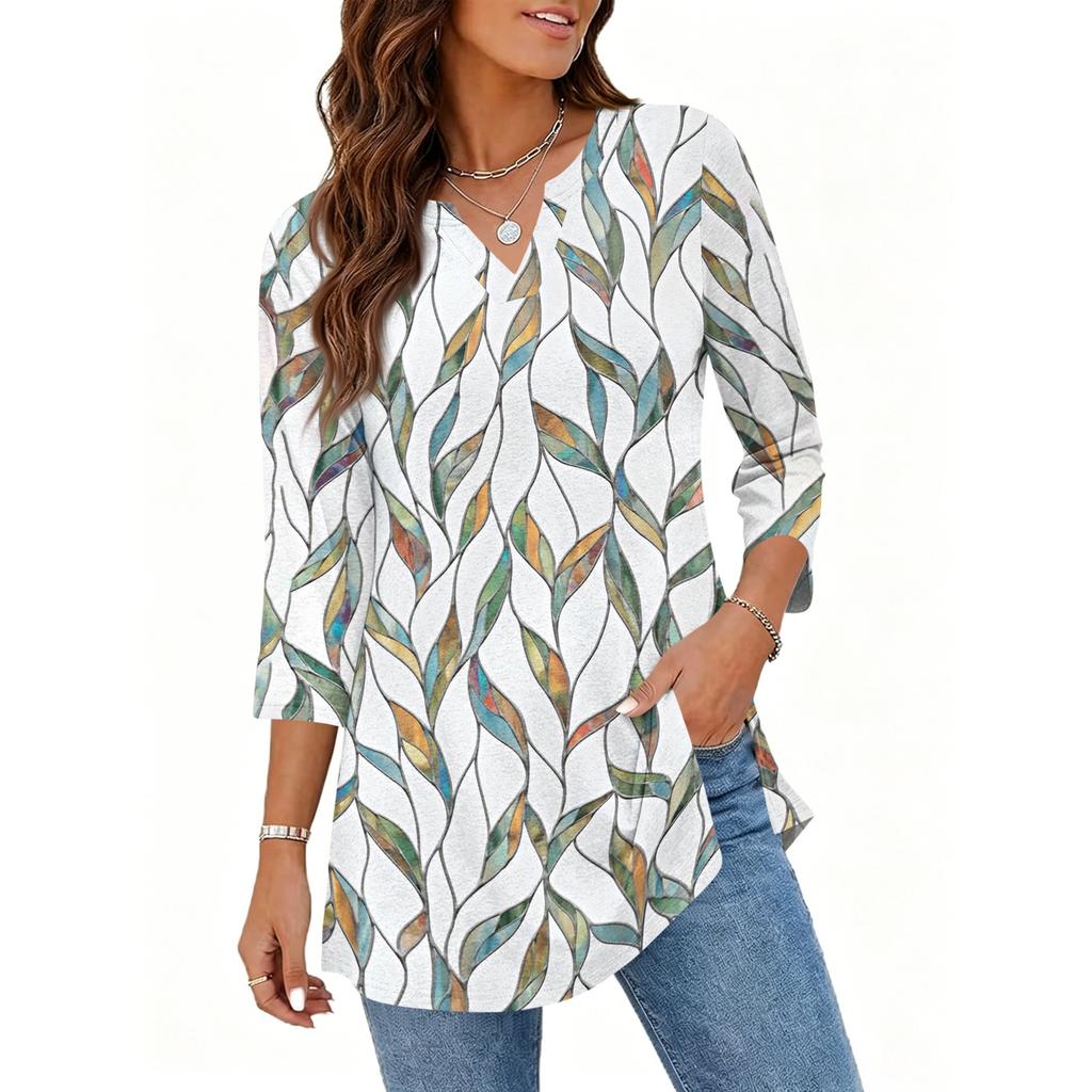 Women's Casual V Neck 3/4 Sleeve Pullover Tunic Top Floral Print Mid Length Loose Fit Blouse for Everyday Wear