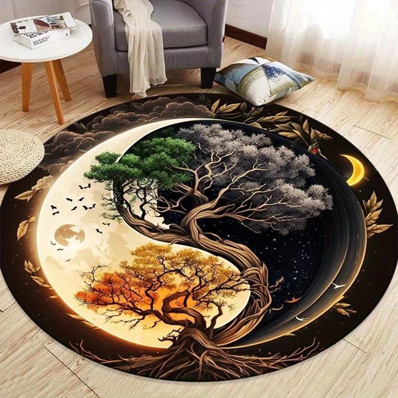 Yin Yang Round Rug Non-Slip Machine Washable Rug with Sakura Goldfish Dragon Lion Cat Tree Design for Living Room Bedroom