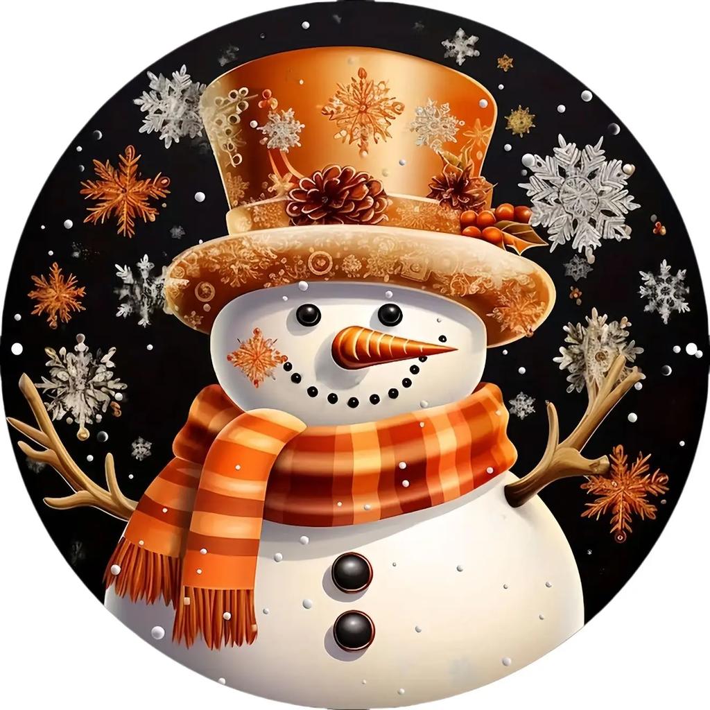 Round Metal Tin Sign Art Painting Wreath Decorative Plates Cartoon Snowman Christmas Poster for Home Garden Garage Wall Decor