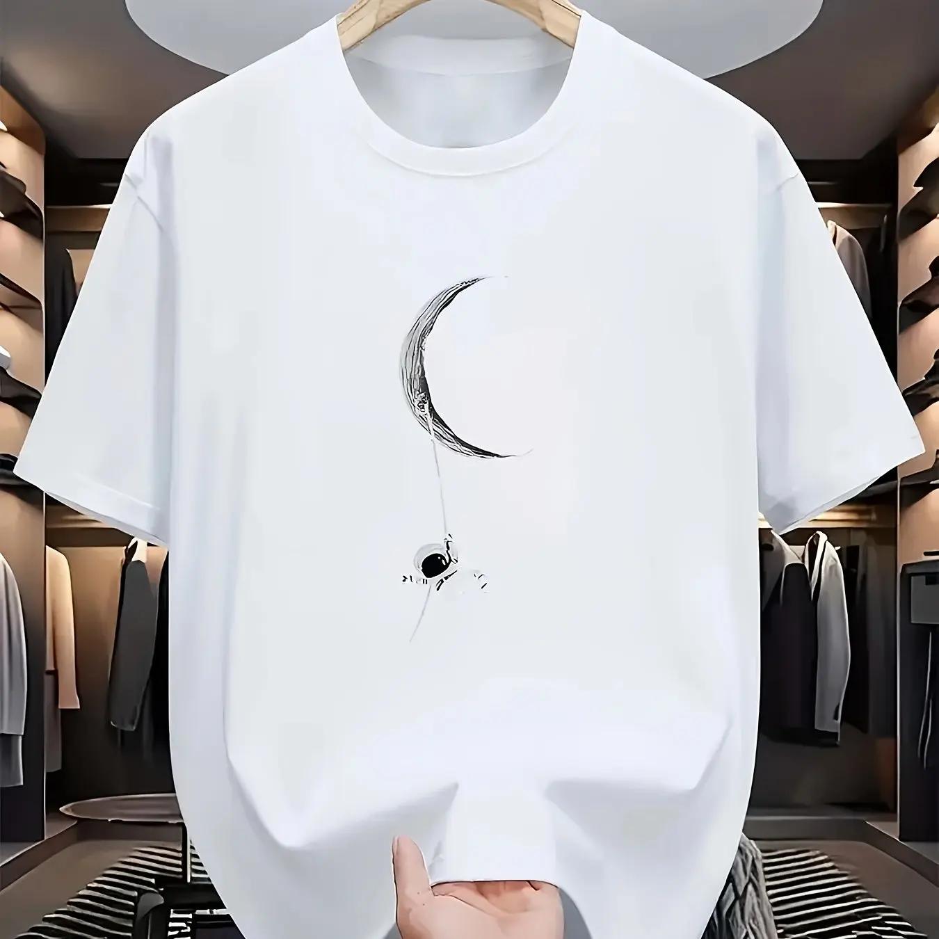 

Мужская летняя модная повседневная футболка свободного кроя из 100% хлопка с принтом в виде луны и космонавта, спортивная, с круглым вырезом и коротким рукавом 4XL