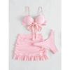 Women solid tie bow push up bikini sets three pieces with wrinkled ruffles mini skirt swimsuit bathing suit beach outfits