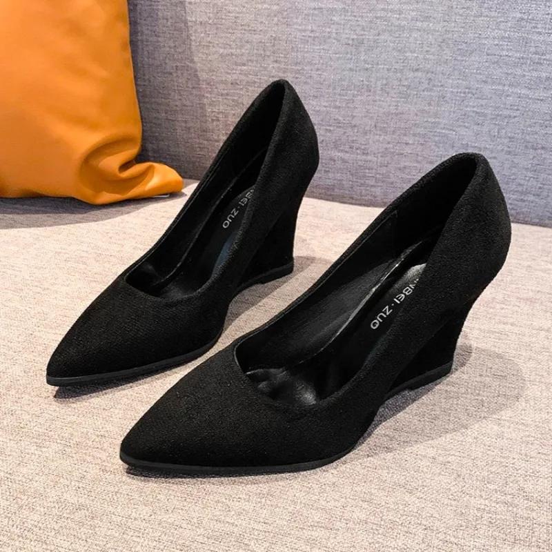 Pointed Toe Women Wedges Shoes Suede Elegant High Heels Shoes Woman Trend Designer Dress Party Fad Walking Pumps Mujer Zapatos