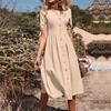 Women's Summer Cotton Linen V-Neck Short Sleeves Buttoned Dress European American Style