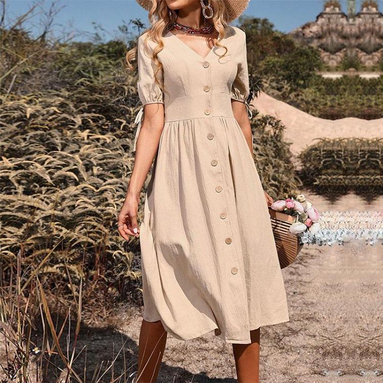 Women's Summer Cotton Linen V-Neck Short Sleeves Buttoned Dress European American Style