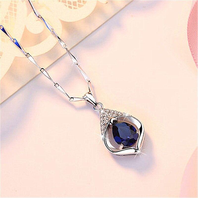 Silver Plated Teardrop Blue CZ Pendant Necklace, Elegant Geometric Openwork Crystal Necklace for Women