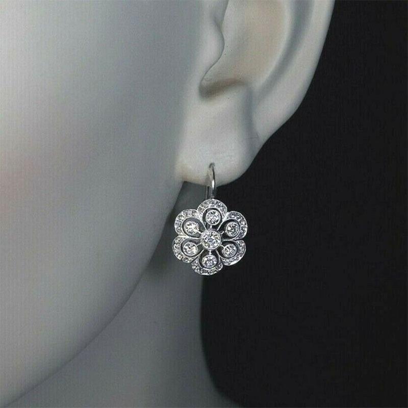 Vintage Elegant Flower Sliver Color Zircon Hook Earrings For Women Ethnic Style Earring Creative Party Jewelry Accessories Gifts