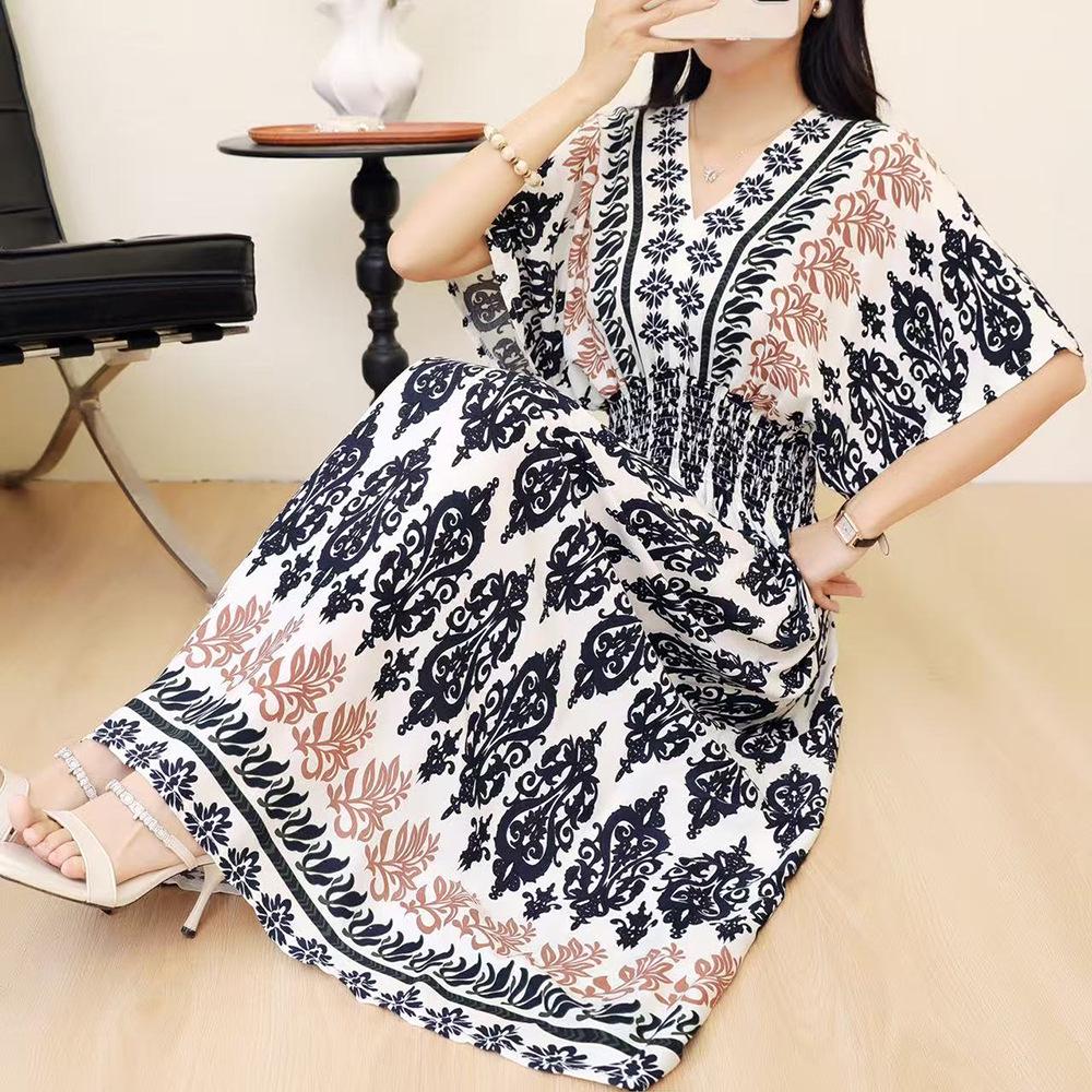 26-Year Floral V-Neck Cotton Silk Batwing Sleeve Beach Dress - Thailand Travel & Vacation Skirt Style