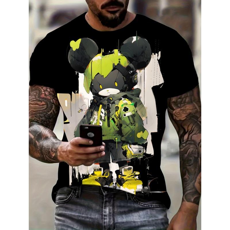 Men's casual fashion T-shirt 3D printing anime bear pattern printed T-shirt for summer daily outdoor street cool wear