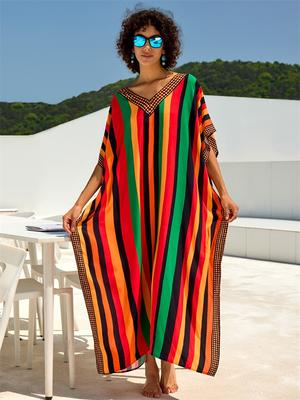 Bohemian Multicolor Striped Printed Women's Loose Kaftan Robe Dress 2024 Summer Holiday Lounge Wear Beach Swimwear Coverup Q1674