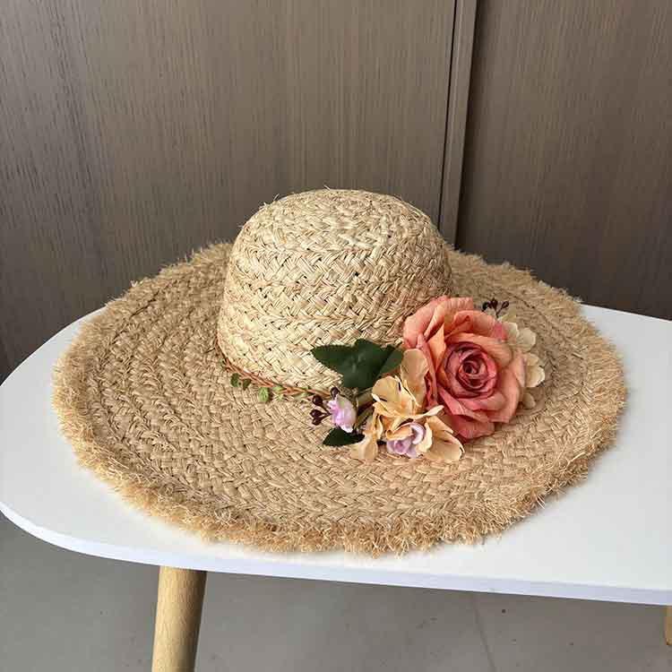 Summer French raffia hat women's summer vacation versatile sun hat flower big brim sun protection beach hat