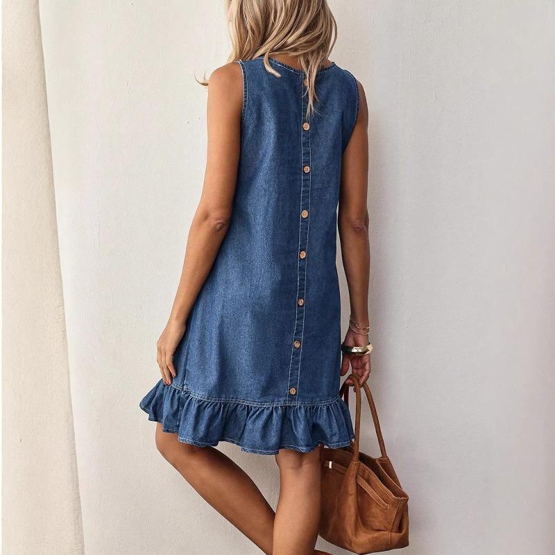 VEZFAA Women's Fashion Summer Spring Solid Color Print Sleeveless O-Neck Loose Waistlinet Casual Dresses