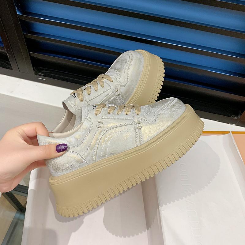 ქალის პლატფორმიანი ფეხსაცმელი, ქალის სპორტული ფეხსაცმელი 2024, ახალი, თასმებიანი, მაღალი ქუსლით, მრავალმხრივი, დაბალყელიანი, ყოველდღიური, მყარი ტყავის, პატარა ვაფლის ფეხსაცმელი