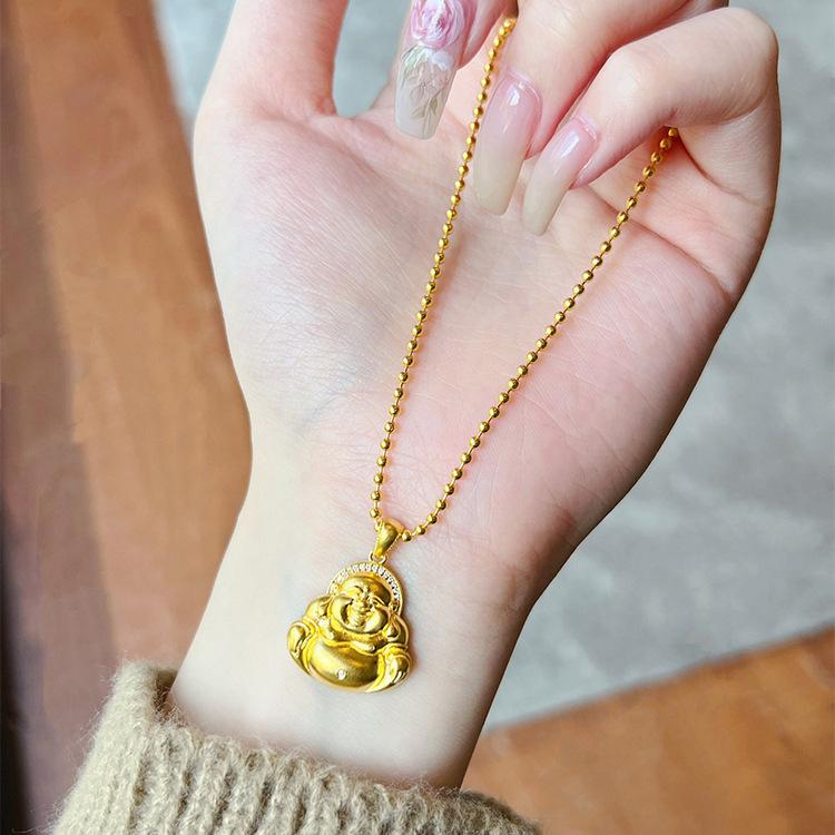 Diamond-Encrusted Smiling Maitreya Buddha Pendant Necklace - Gold With Sand Inlaid Diamonds, Women's Collarbone Chain