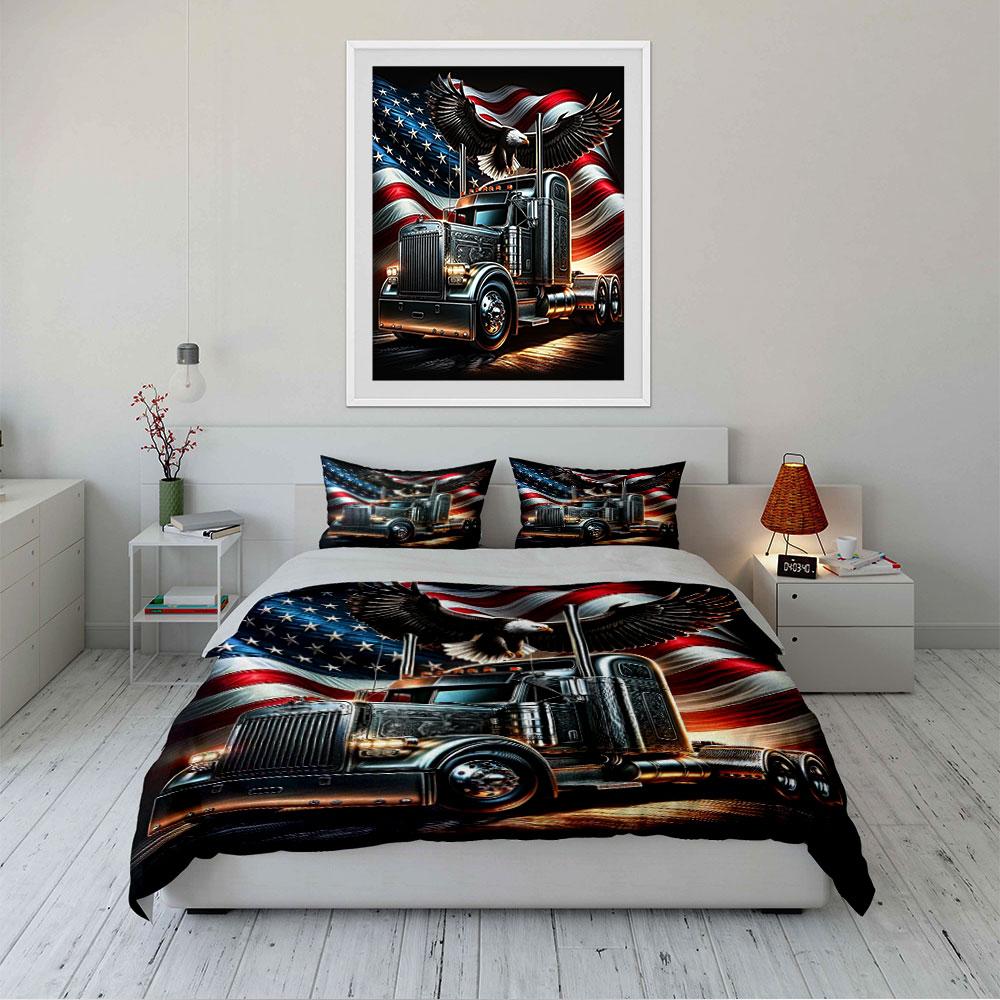 Truck and Eagle with USA Flag Bedding Duvet Cover Set Duvet Cover Pillowcases (1 * Duvet Cover 2 * Pillowcases, without duvet insert)