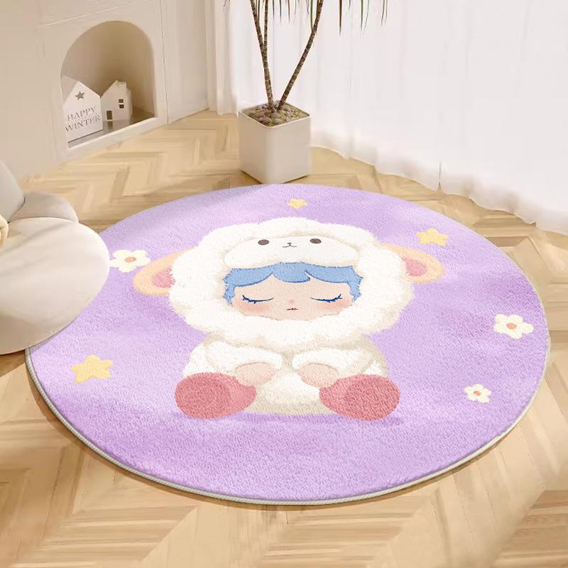Cute Cartoon Pink Carpet for Girls: Cool-Proof Round Faux Cashmere Bedside Rug.