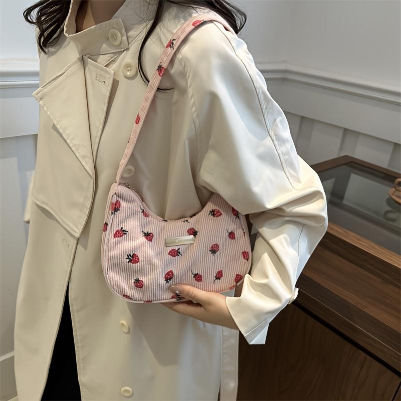 Women's Fashion Shoulder Bag, Strawberry Pattern Handbag with Fixed Strap, Lightweight, Zip Closure