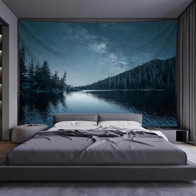 2D Starry Night Lake Tapestry Milky Way Over Forest Lake Wall Hanging 47.2x31.5inch/120*80cm