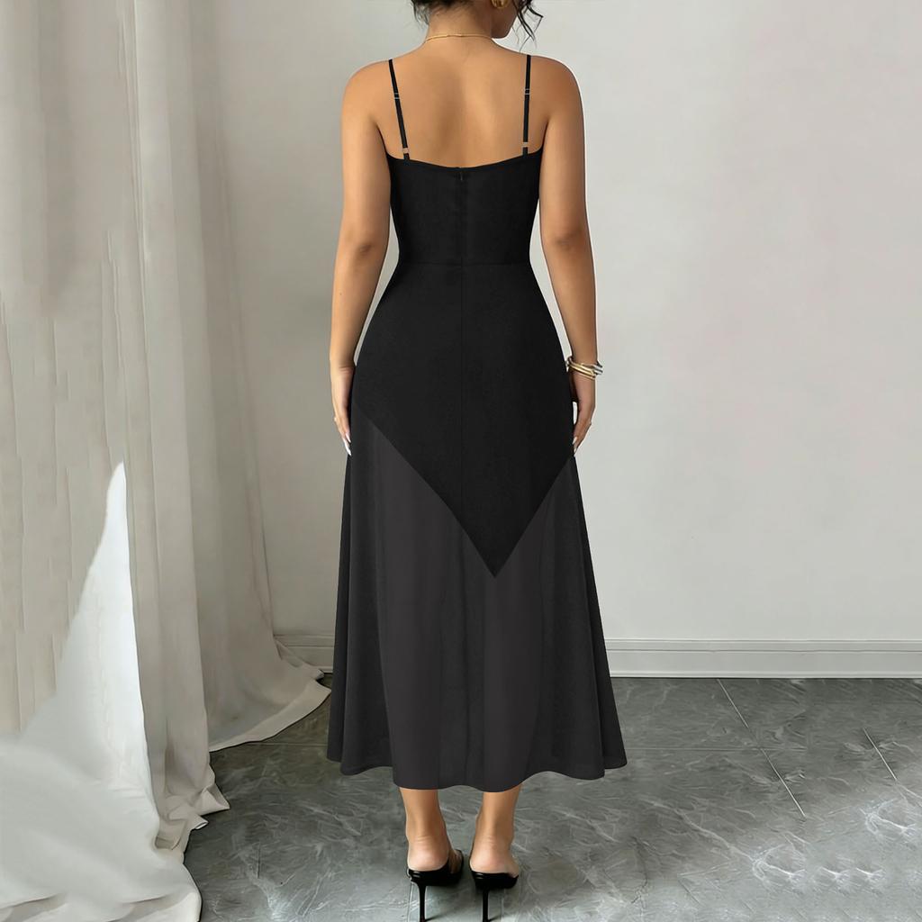 Women's Slim Fit Backless Spaghetti Strap Dress Elegant Sleeveless Long Dress with V Neck and Scalloped Hem for Casual and Formal Wear