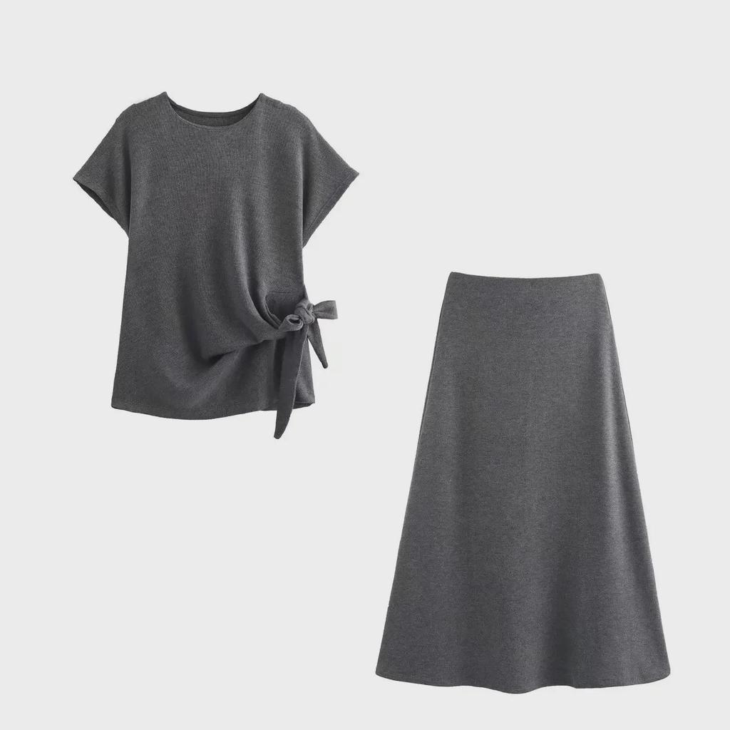 Women's Round Neck Knitted Top + A-Line Skirt Set