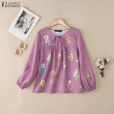 Women Floral Print Casual Round Neck Long Sleeve Blouse