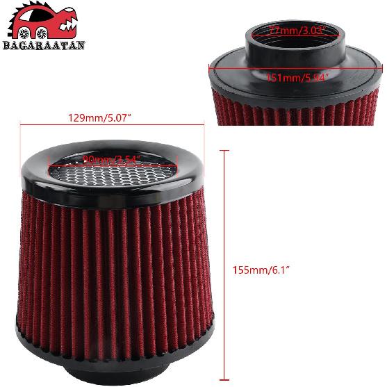 Air Intake Filter 3" Cone Air Filter Quality Dry Compatible With Car And MotorcycleClosed-Top Cool Air Filter 76Mm(Red)