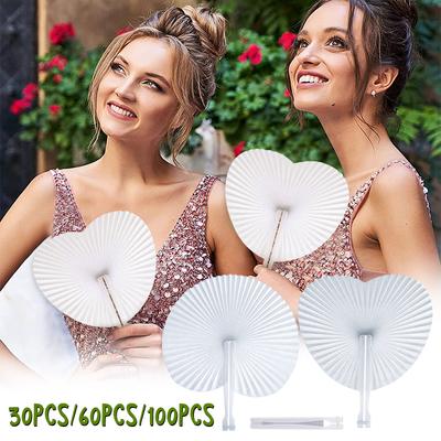 30/60/100 stücke Weiß Herz Form Faltfächer Blank Papier Hand Fans Mit Kunststoff Griffe DIY Malerei Geburtstag hochzeit Party Dekor