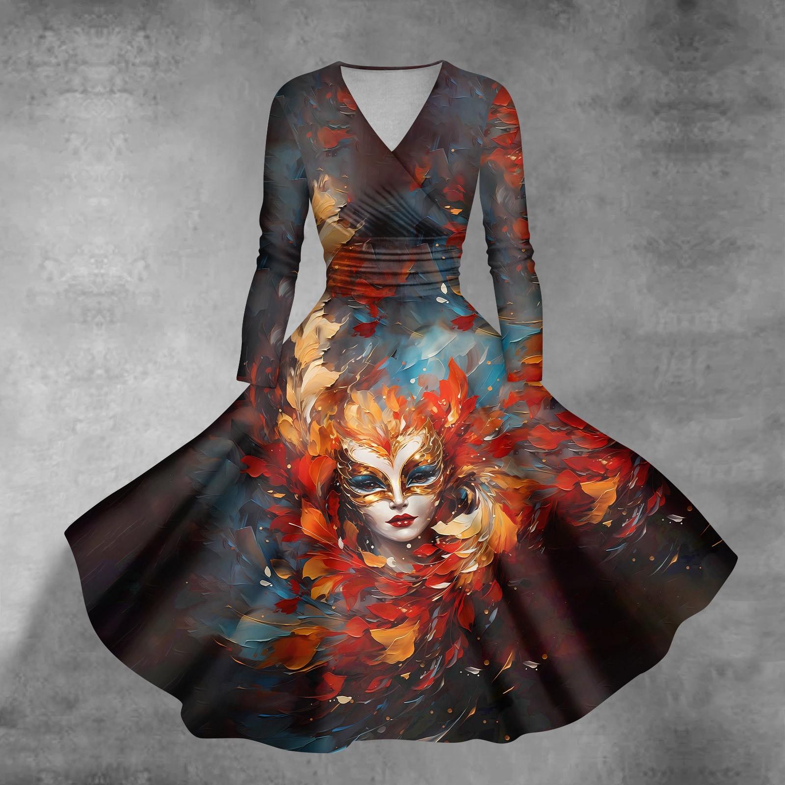 

Women s Casual And Fashionable Carnival Printed Long Sleeved V-neck Sexy Dress XL шафрановий