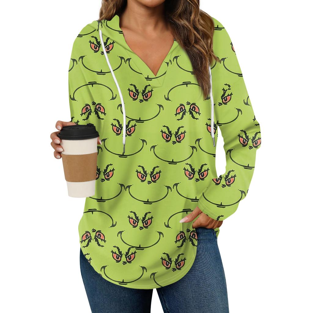 Women's Fashion Hoodies V Neck Long Sleeve Christmas Printed Drawstring Casual Loose Pullover Tops