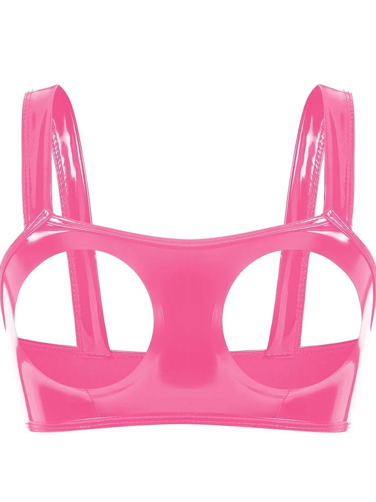 

S-3Xl Wet Look Pvc Crop Tops Shiny Pu Leather Hollow Out Bust Bustier Tank Top Tights Sexy Cropped Clubwear Croptop Camis Vest S