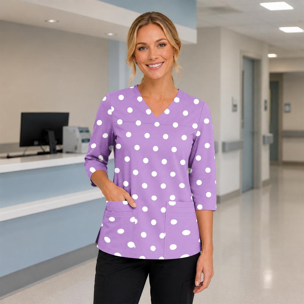 Women's Floral Print V-Neck Scrub Top with Pockets, Three-Quarter Sleeves, Side Split for Nurses