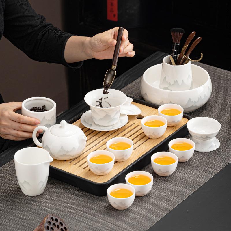 High-end tea set, ink, suet jade, kung fu white porcelain set, high-end teapot for home use, holiday gift