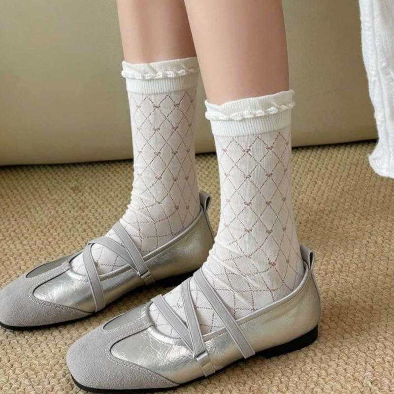 Spring and Summer White Stockings for Children, Long-legged with Geometric Lace Edging, Pure Cotton, Anti-Spangling, Bone-Free Women's Stockings