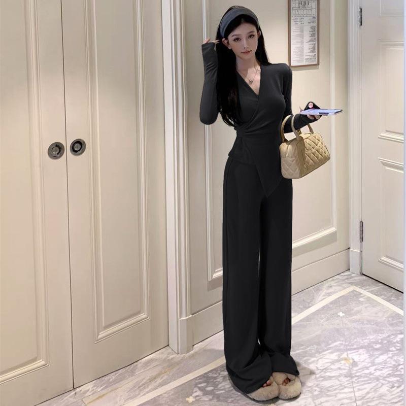 Irregular Slim Fit V-neck Top & Micro Flare Wide Leg Pants Set for Women - Autumn Collection 2026