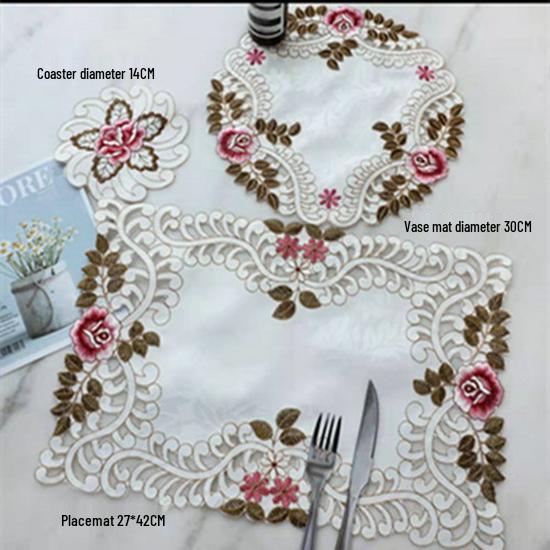 

Court Chic Pastoral Lace Embroidered Placemat & Coaster Set - Ideal for Photography, Baking Props, and Tableware Styling 10cm Coaster
