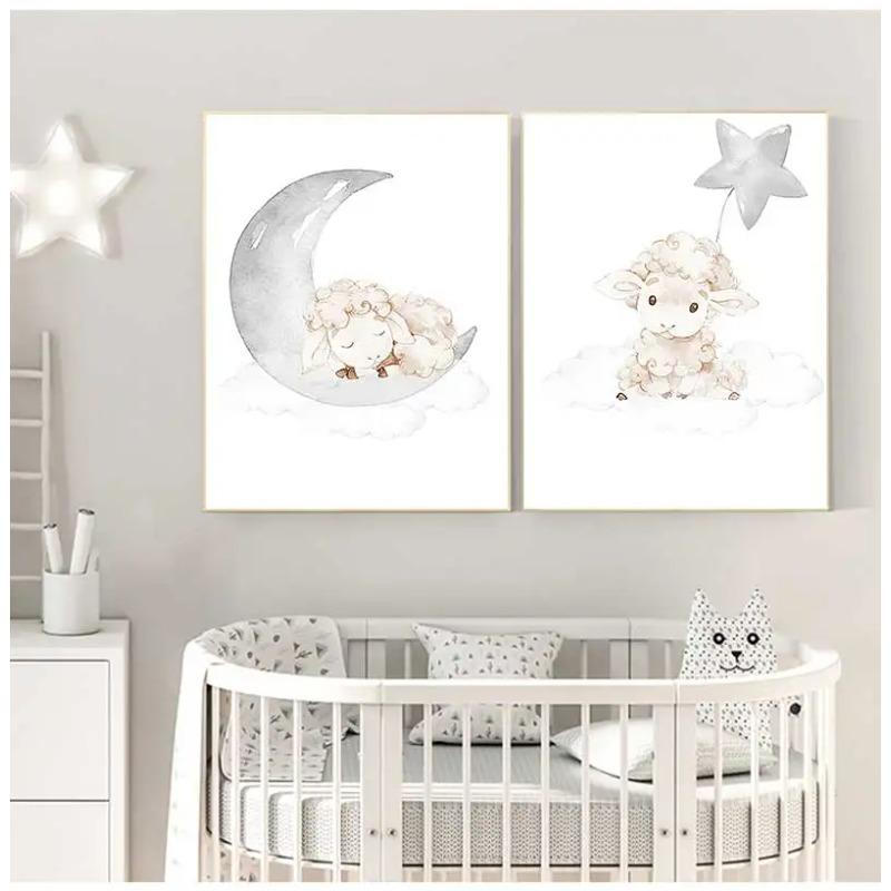 Pittura nordica Kid Decorazione camera da letto per bambini Cartoon Baby Animal Picture Sheep Nursery Poster e stampa Wall Art Canvas