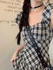 French Retro Plaid Puff Sleeve A-line Dress: Elegant Backless Square Neck Summer Style