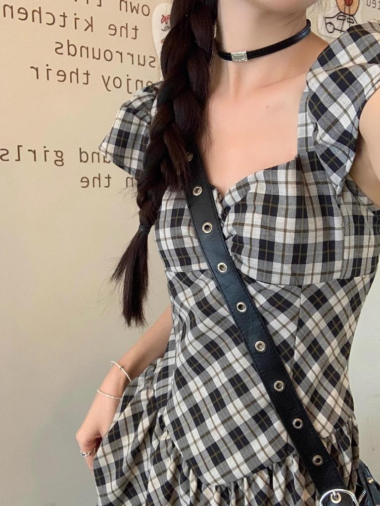 French Retro Plaid Puff Sleeve A-line Dress: Elegant Backless Square Neck Summer Style