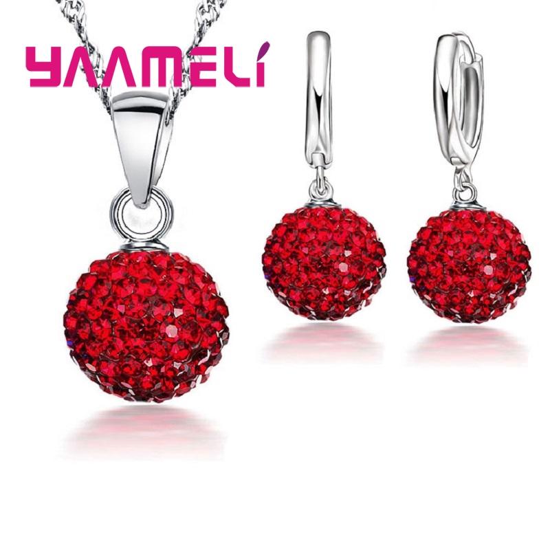 925 Sterling copper Stamped Bridal Zircon Sets Women Girls Wedding Gifts Austrian Crystal CZ Disco Ball Necklace Hoop Earrings