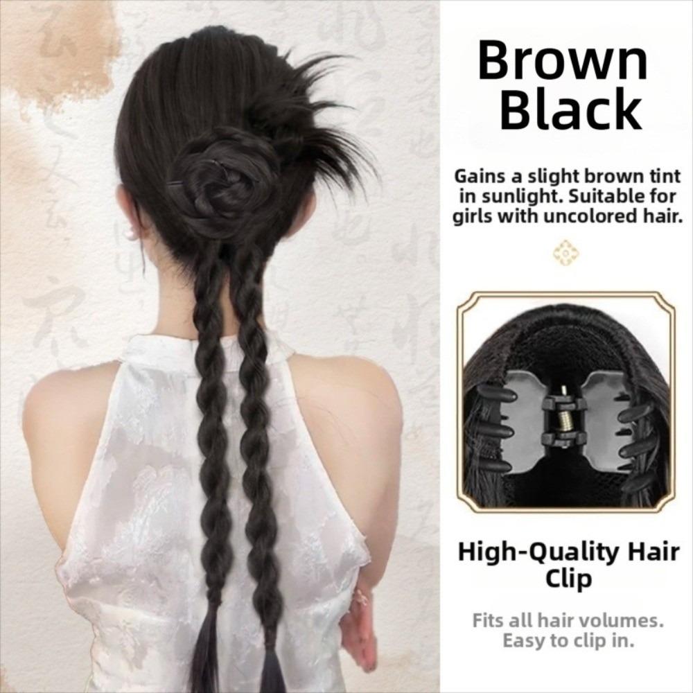 Handmade Long Twist Braids Hair Bun Claw Clip Flower Bud Ponytail Hairpiece for Women