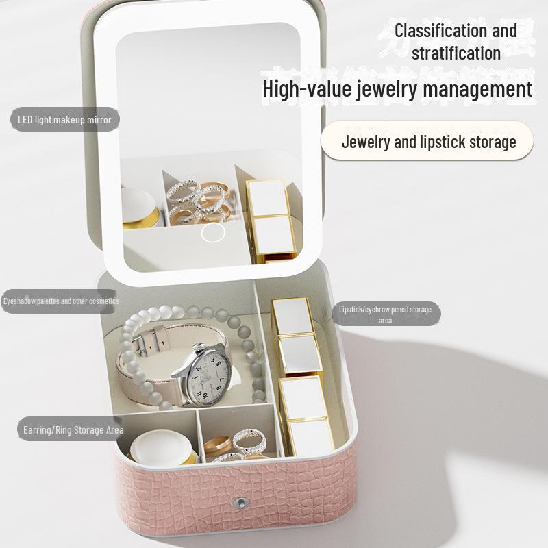 Crocodile Pattern LED Makeup Mirror with Three-Color Light and Large Capacity Cosmetic Jewelry Box