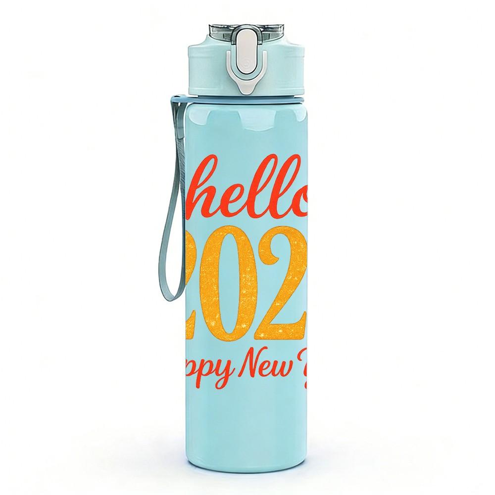 1PC Hello 2026 Happy New Year Print 750ml Color Plastic Sports Water Bottle Leakproof Flip Straw Lid Suitable for Sports Office Home Use
