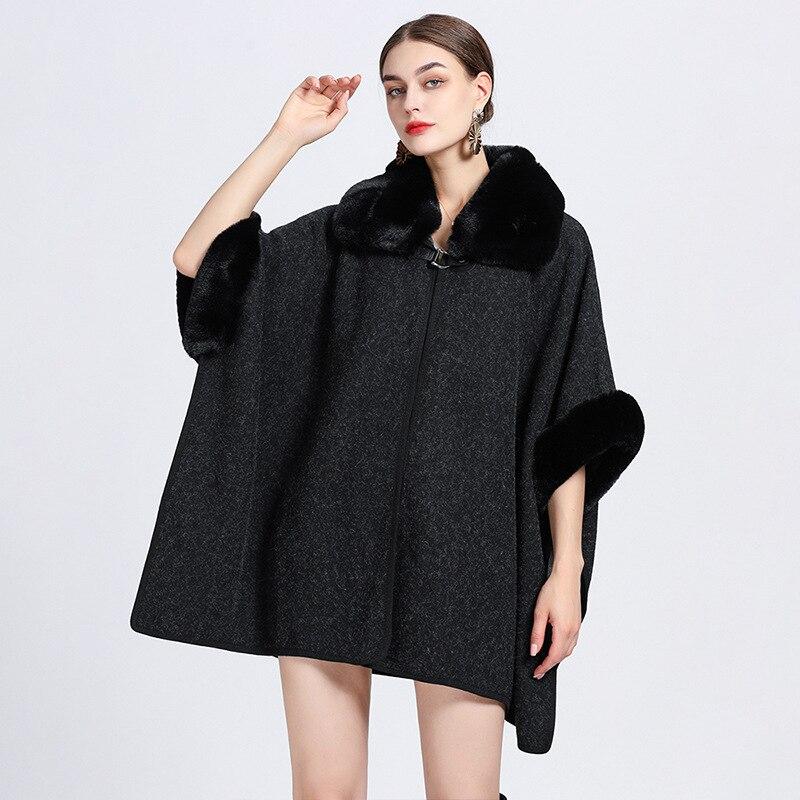 

8 цветов 2022, зимнее шерстяное свободное пончо большого размера, уличная одежда, женское пальто с воротником из искусственного кроличьего меха, винтажная длинная накидка с рукавами «летучая мышь» One Size