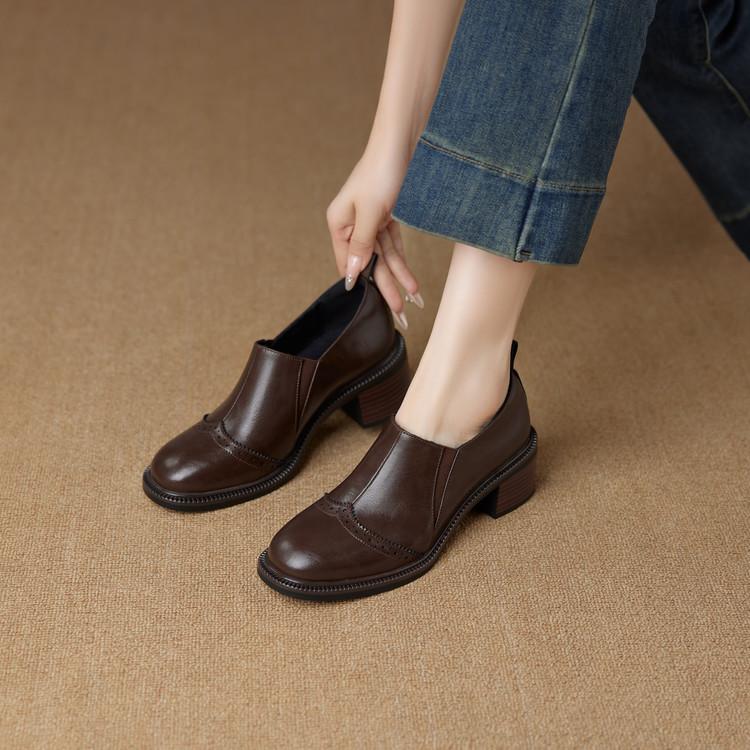 Foreign Trade Retro Brown Round Head Deep Mouth Single Shoes Women's Large Size Single Shoes Thick Heel Carved One Pedal Leather Loafers