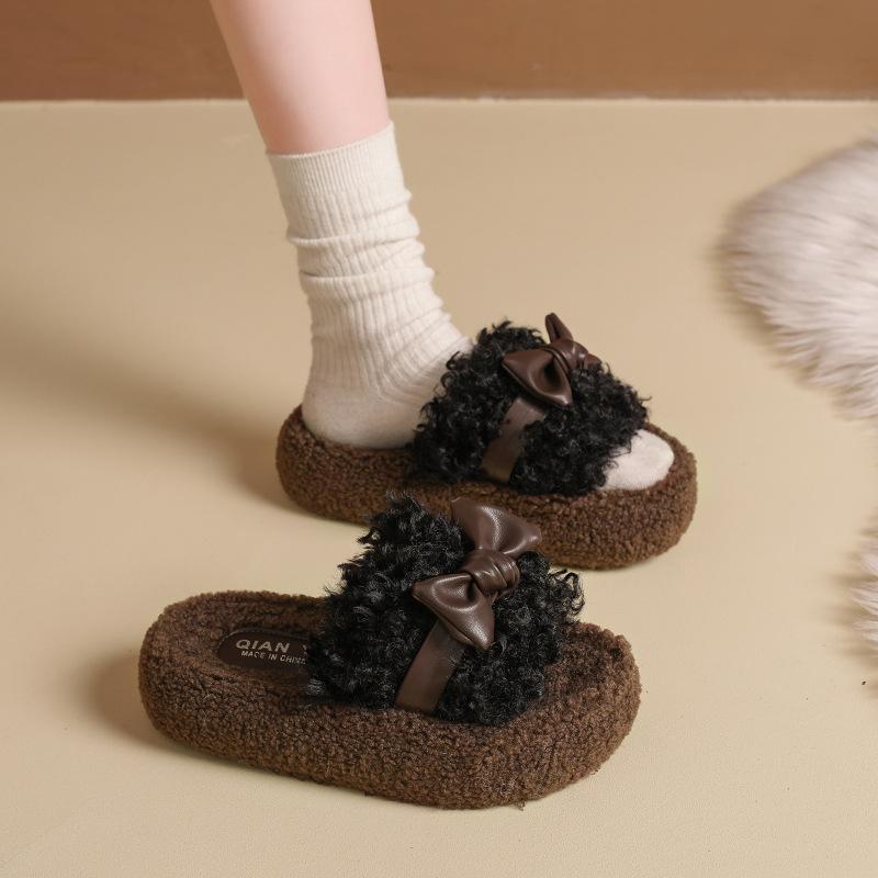 Korean Version Thick-bottomed Bag Head Bow Fluffy Slippers Women's Outer Wear 2025 New Autumn and Winter Velvet Warm Cotton Slippers