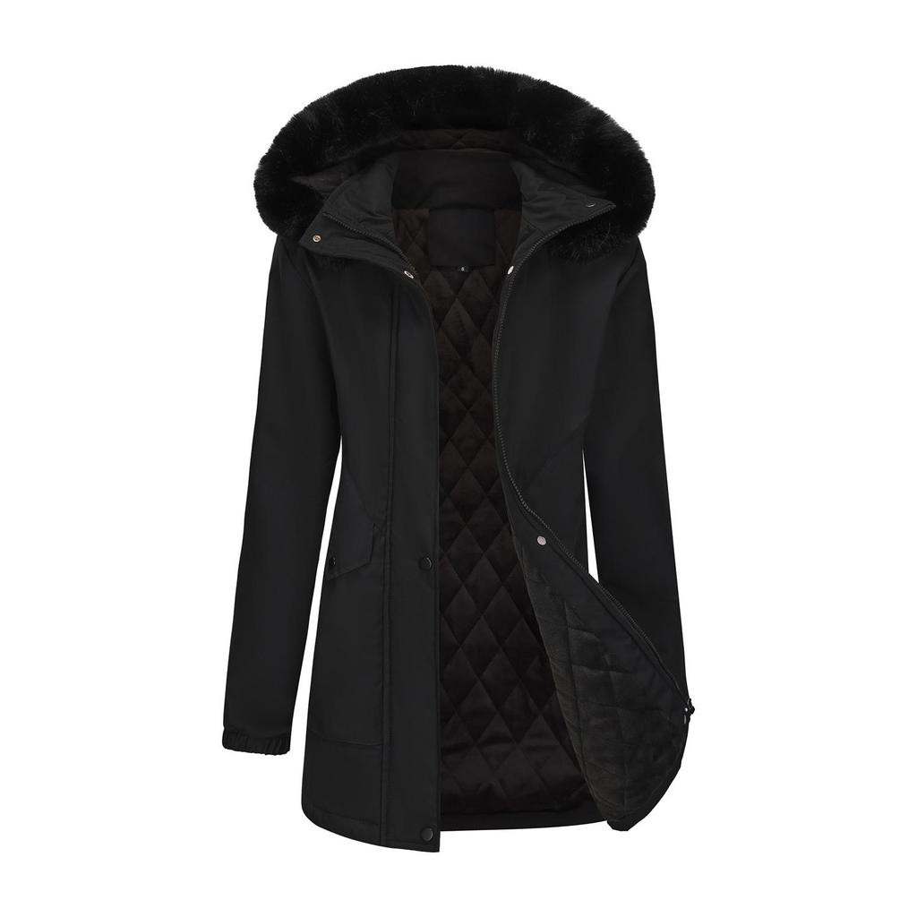 Women’s Parka Coats Faux Fur Hooded Fleece Lining Zipper Warm Cotton Jackets Mid-length Puff Outerwear Winter Clothes