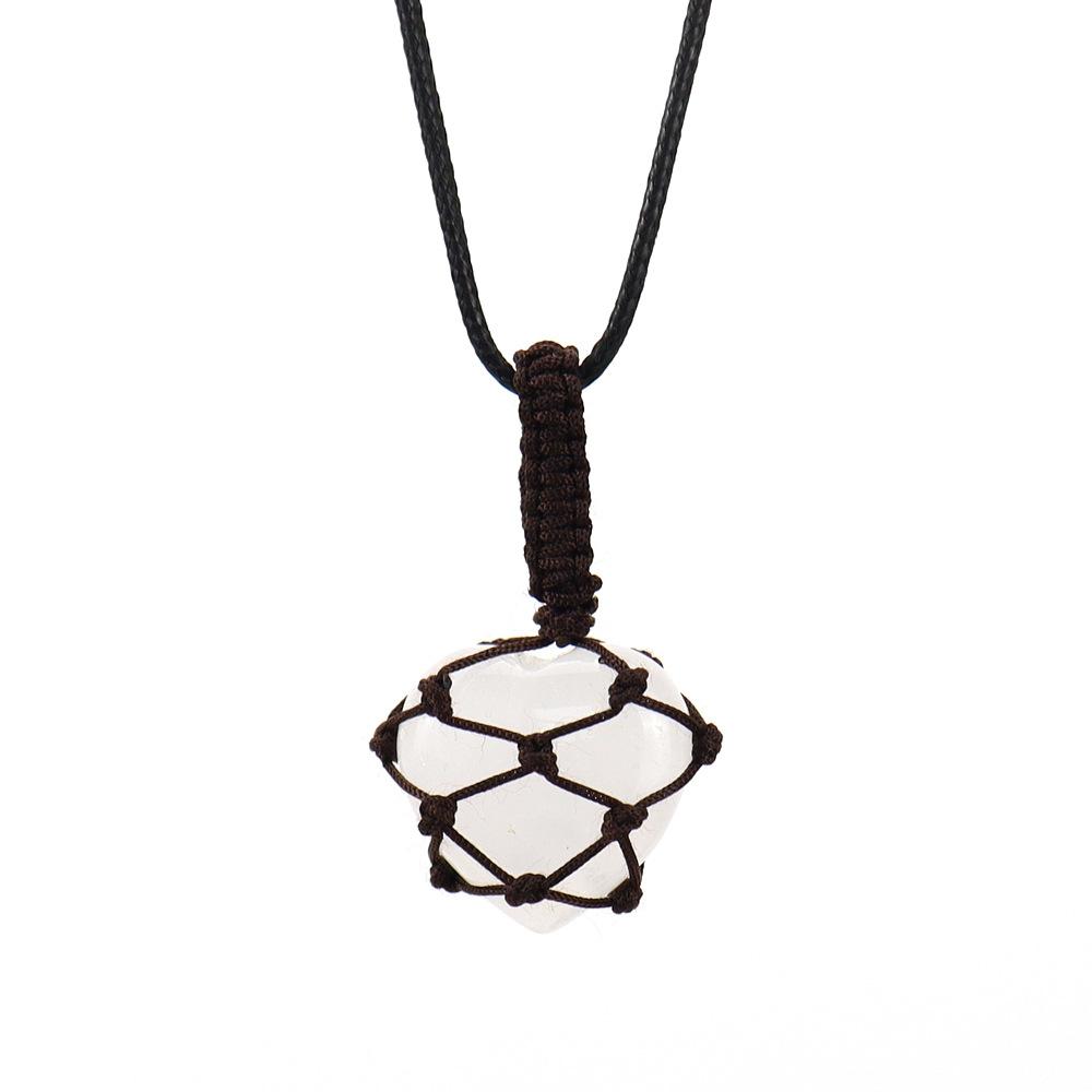 Natural Crystal Tiger Stone Agate Heart-Shaped Love Hand-Woven Mesh Pocket Pendant Necklace N704
