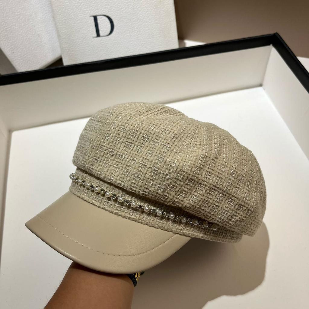Dongdaemun Tail Order High Quality Fine Flash Small Fragrant Wind Octagonal Hat Spring And Autumn Versatile Rhinestone Rough Tweed Newsboy Hat Girl