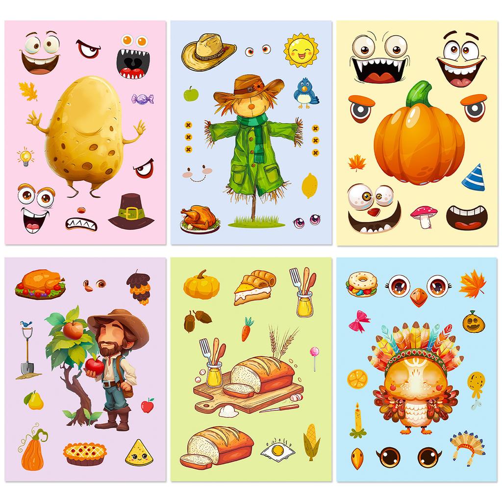 6 Photos/package Thanksgiving Autumn Harvest Festival Stickers Potato Turkey Puzzle Stickers Face Change
