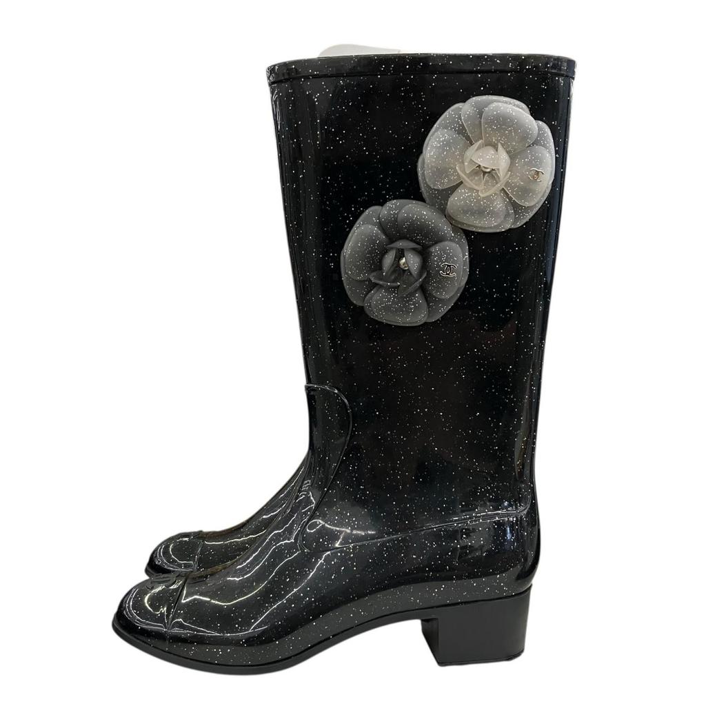 Used 186005 Current condition CHANEL CHANEL Storage bag included Rain boots CHANEL 36 23cm black lame enamel ladies